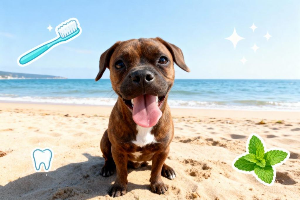 Luna am Strand mit frischem Atem - Zahnbürste, Zahn und Minze symbolisieren gute Maulhygiene